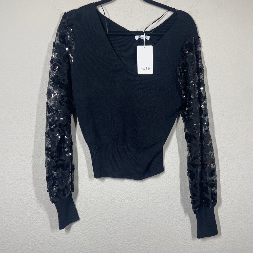 Fate Womens Size Small Sequin V Neck Sweater Top Black Ribbed Long Sleeves